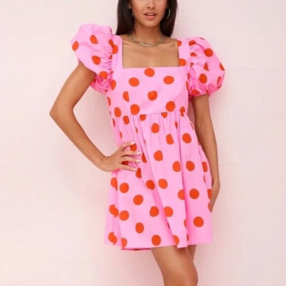 Pitusa Pink Polka Dot Babydoll Mini Dress Puff Sleeves Open Back Size Small NWT - Picture 1 of 13